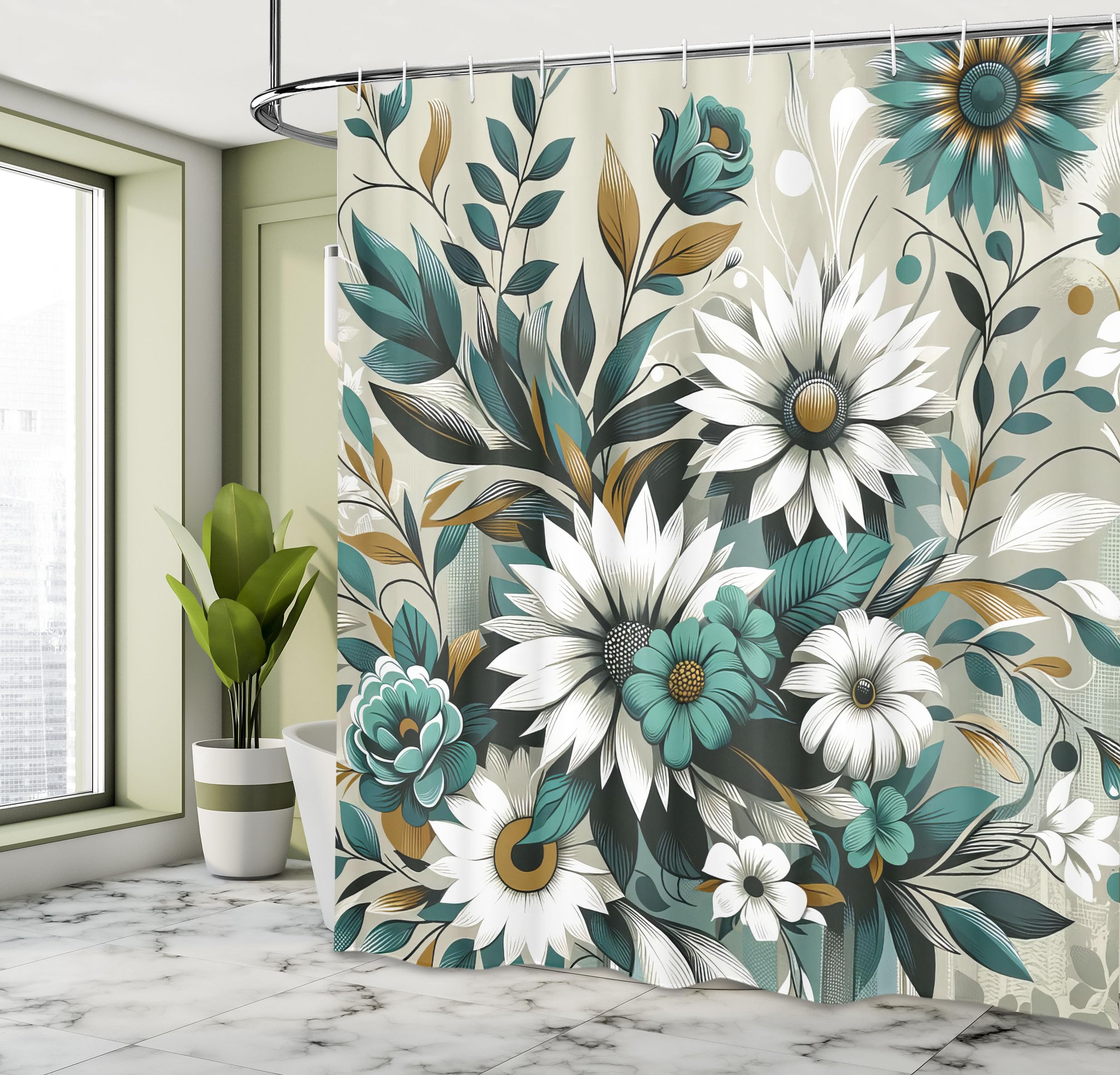 Ambesonne Teal Shower Curtain, Modern Urban Jungle Boho Concept Dancing Daisy With Curving Leaves Huddle, Cloth Fabric Bathroom